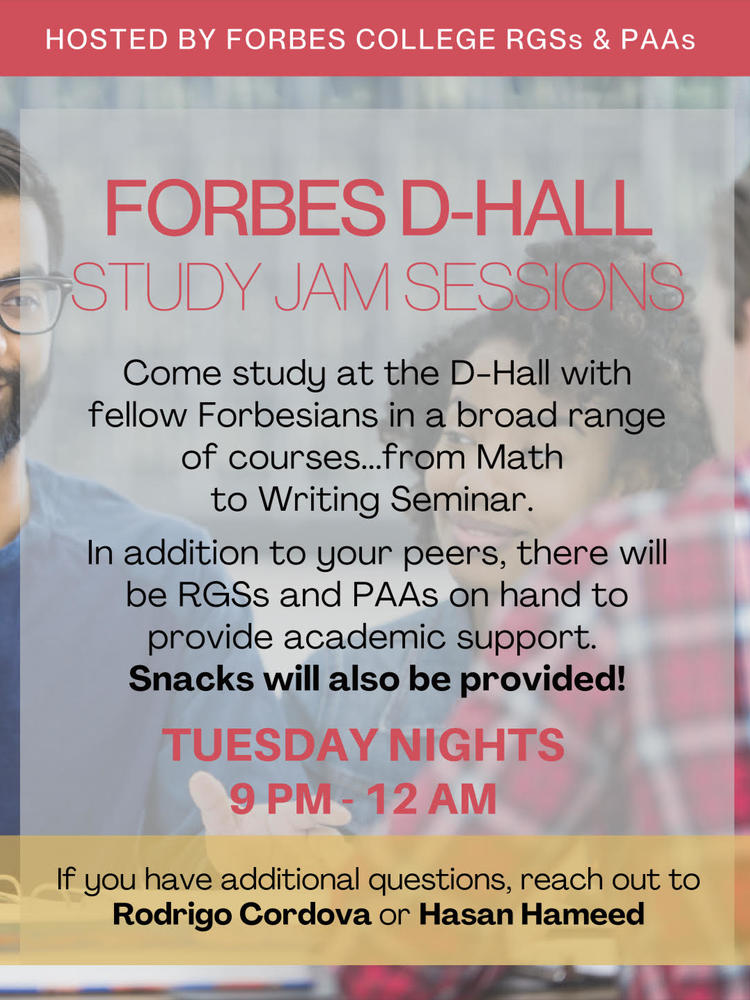 Flyer for study jam session at Forbes Dining Hall